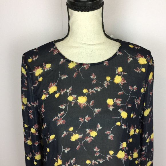 New! Lush Blouse Top Size M Black Yellow Floral Print Sheer Chiffon Long Sleeve - Picture 4 of 15